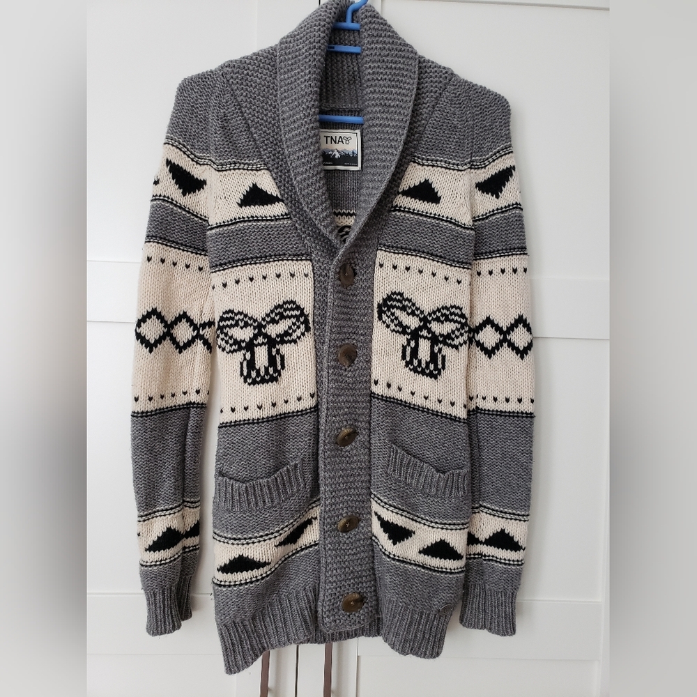 TNA Grey and Cream Shawl Collar Cardigan from Aritzia